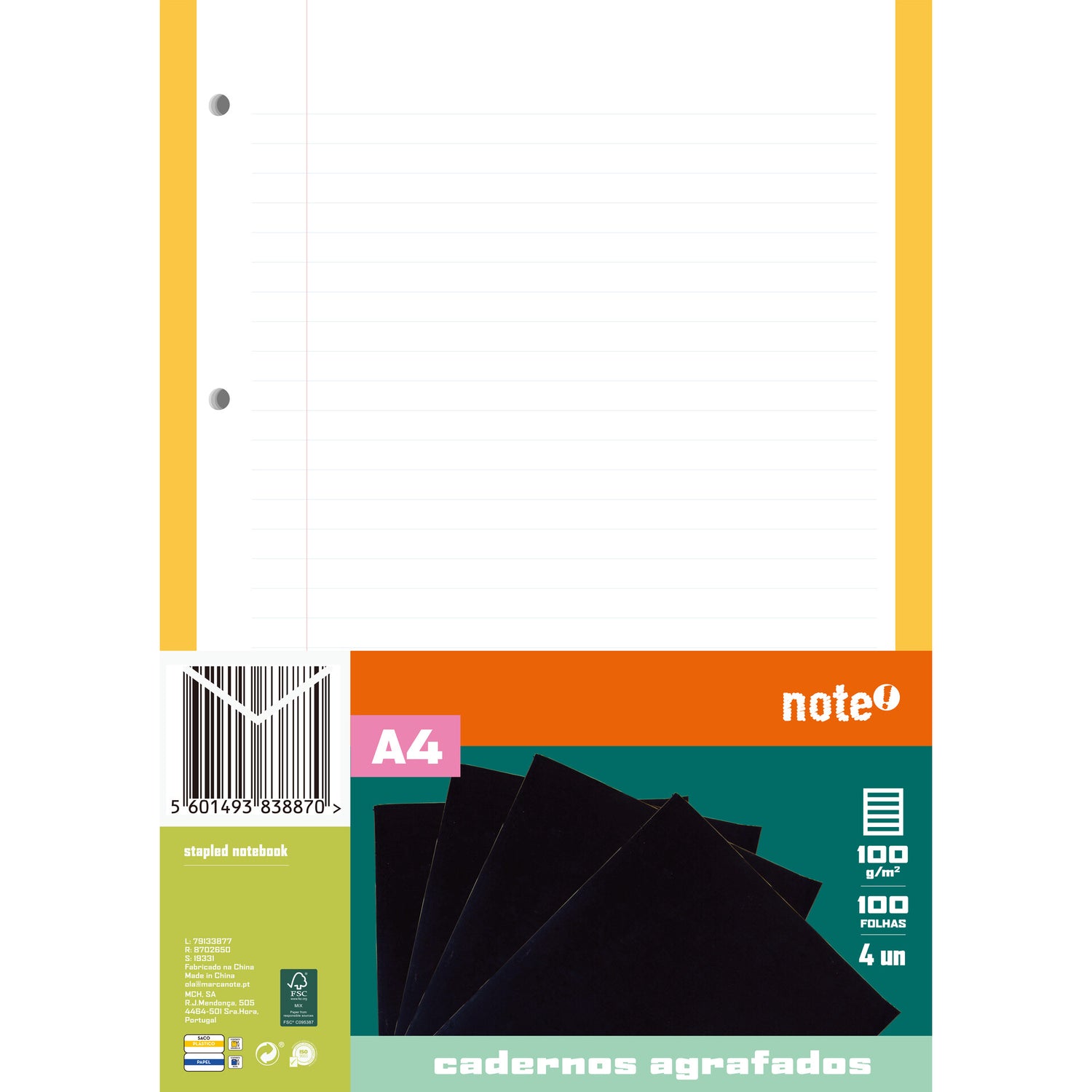 Recarga de Papel A4 Pautada com Rebordo 100 Folhas Note!