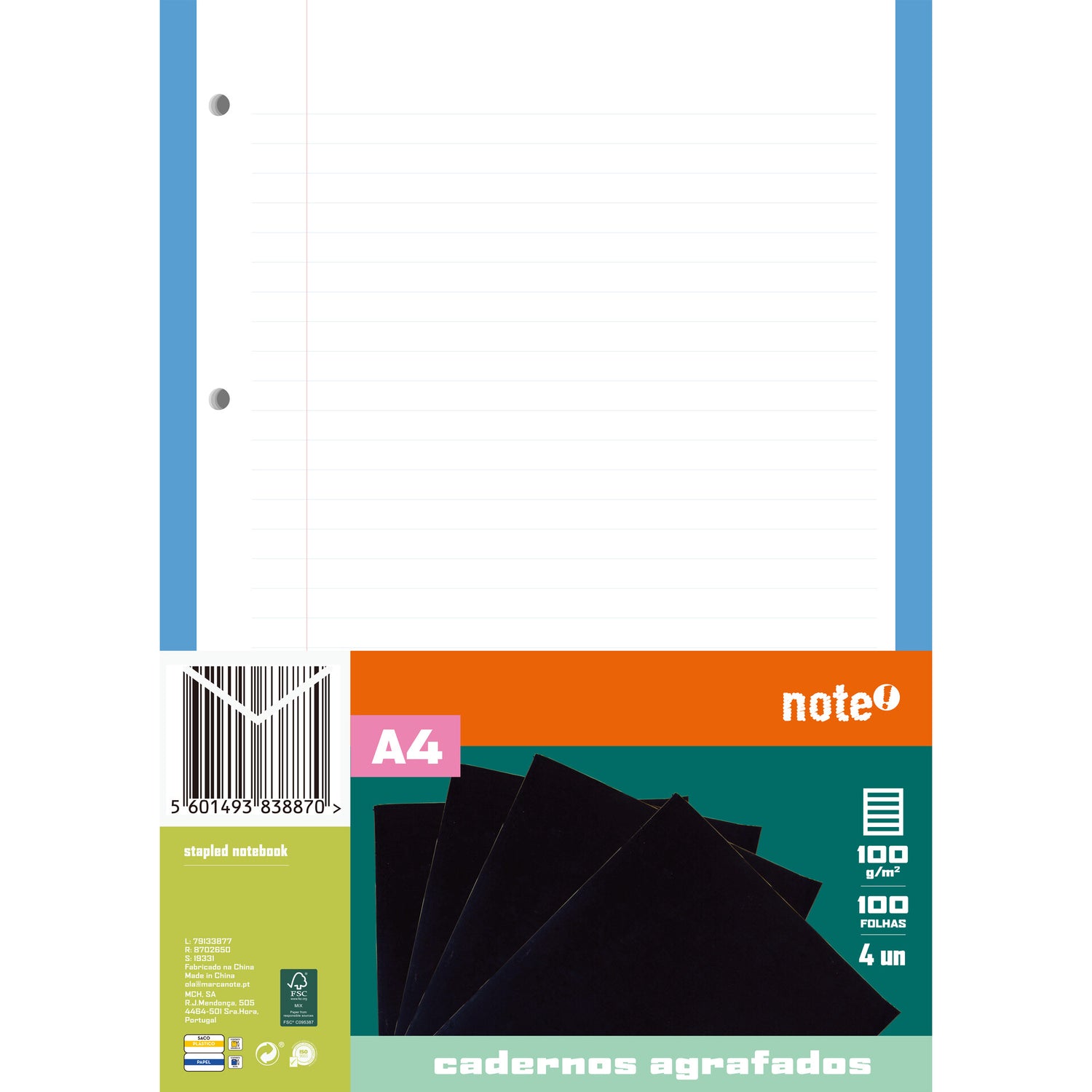 Recarga de Papel A4 Pautada com Rebordo 100 Folhas Note!