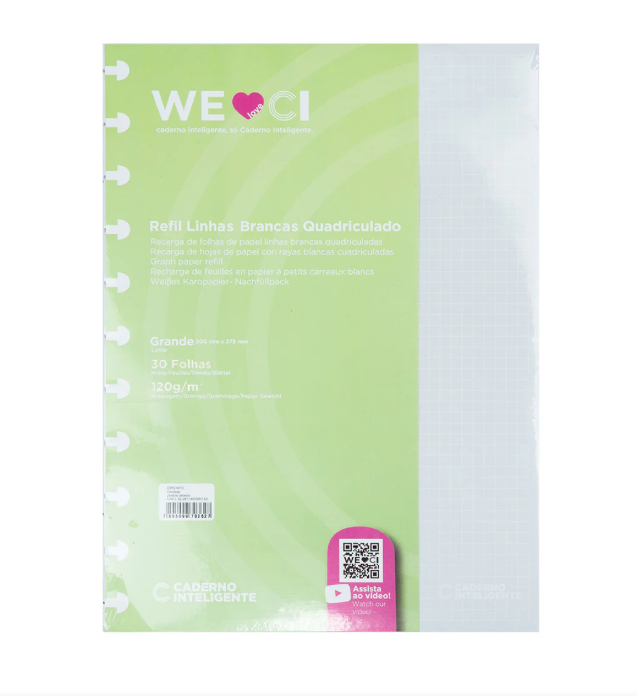 Folhas Caderno Inteligente A4 Quadriculadas com Linhas Brancas 120G